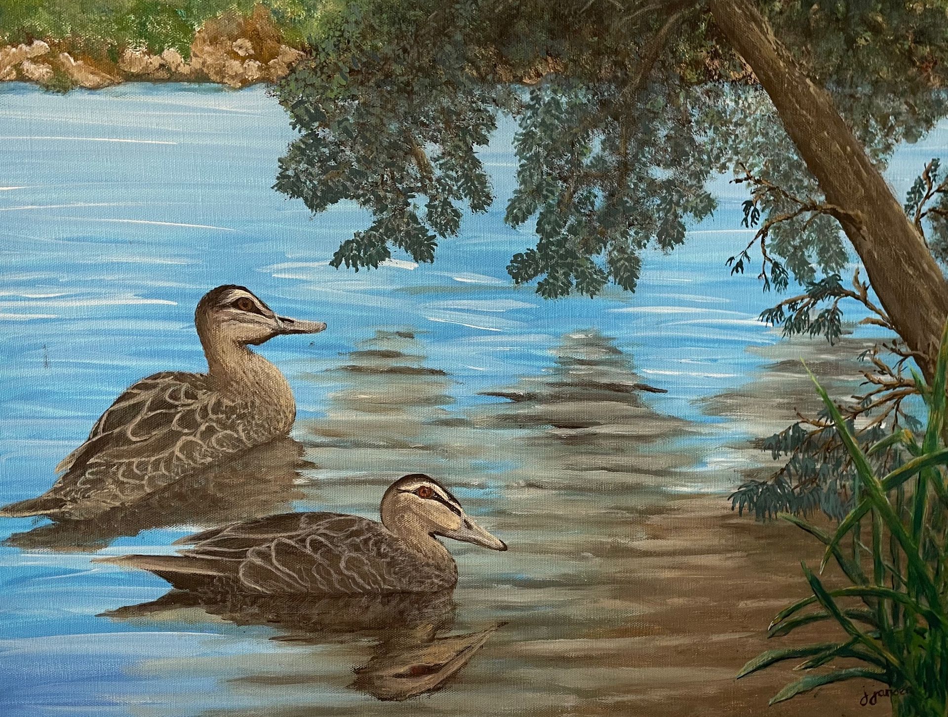 A painting of two ducks swimming in a lake