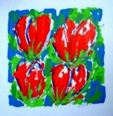 Vier rode tulpen - een schilderij van Ad van Hassel 