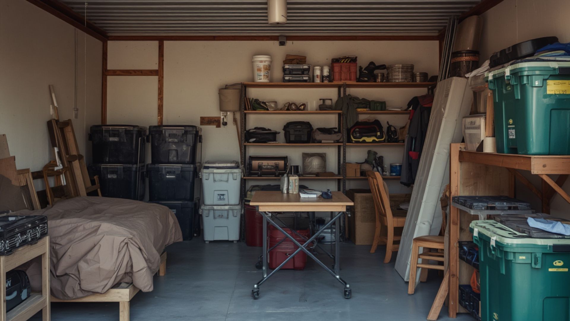 Organized storage bins and household items inside a Half Moon Bay storage unit