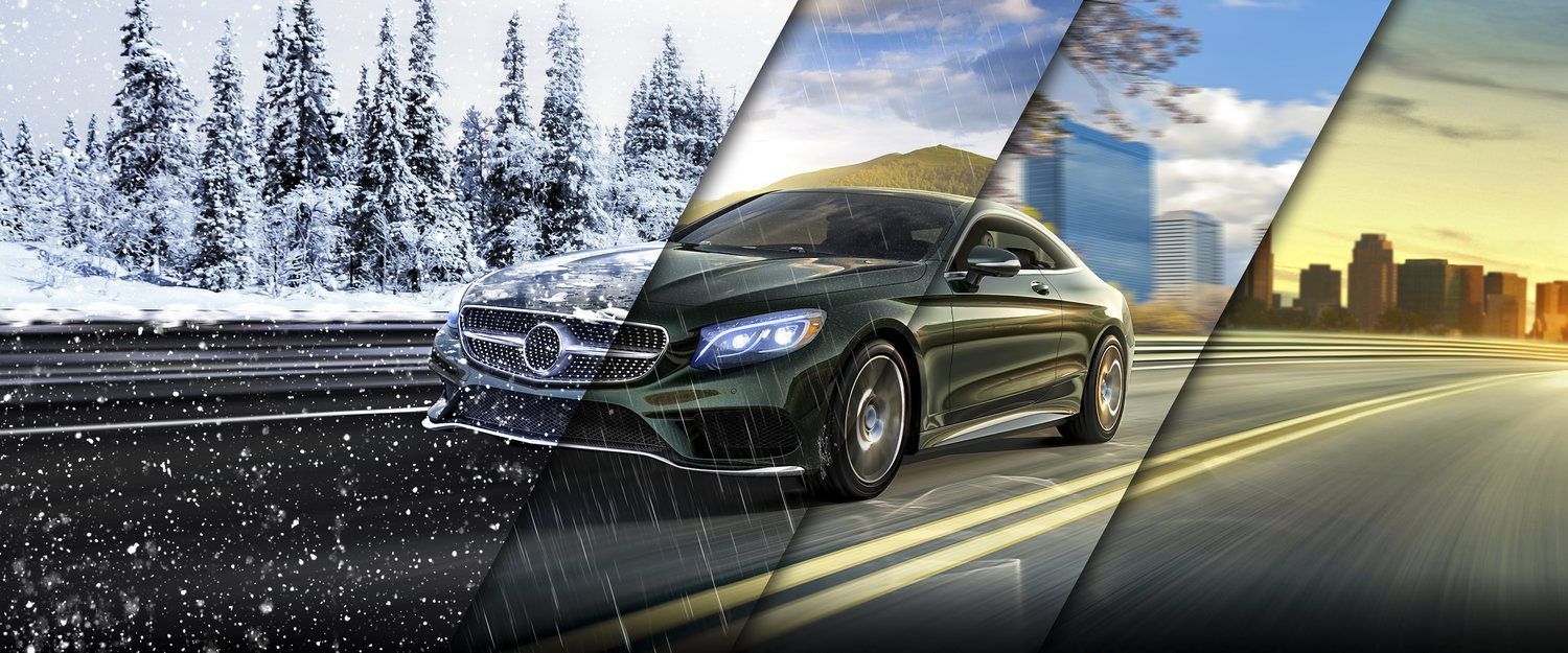 A car is driving down a road in different seasons.
