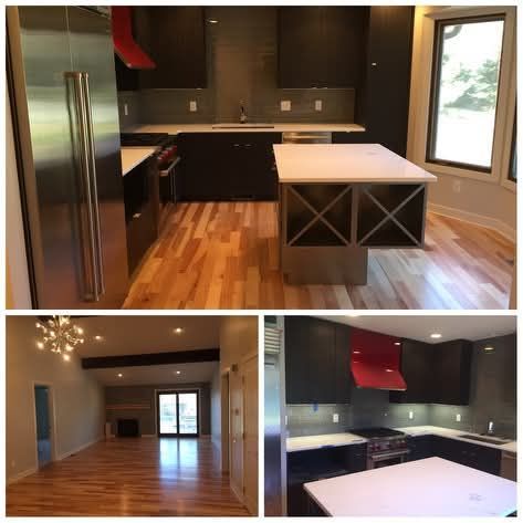 Three interior views of a home featuring a kitchen with dark cabinets, a red range hood, an island, and wood flooring.