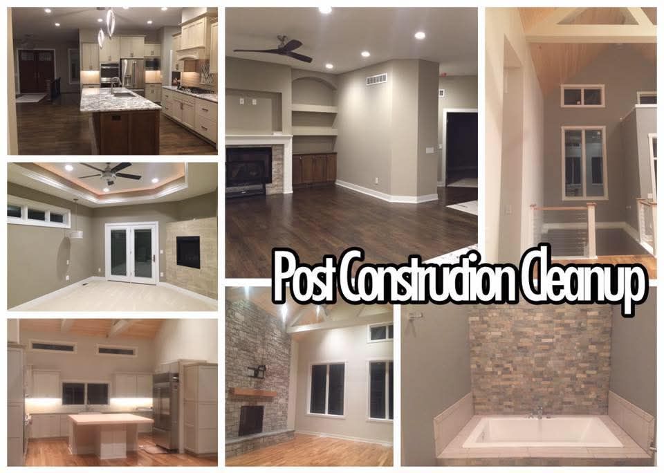 A collage of home interior rooms with text overlay that reads: Post Construction Cleanup.