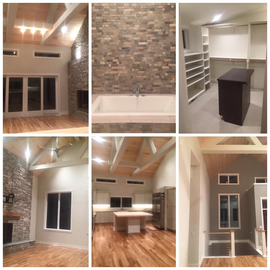 A collage showing six interior views of a modern home, featuring stone fireplaces, wooden vaulted ceilings, and a closet.