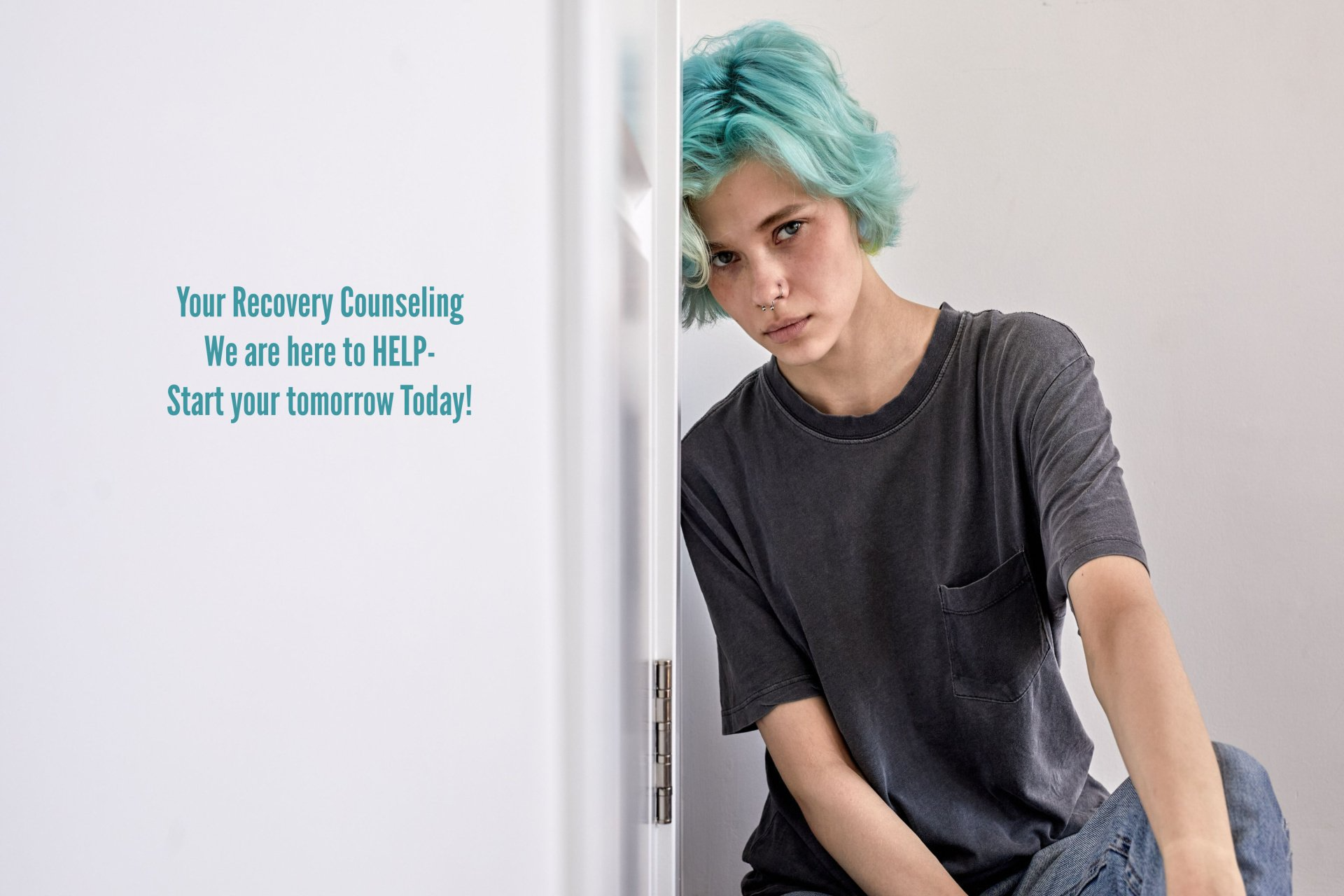 Caucasian Young Woman Blue Hair