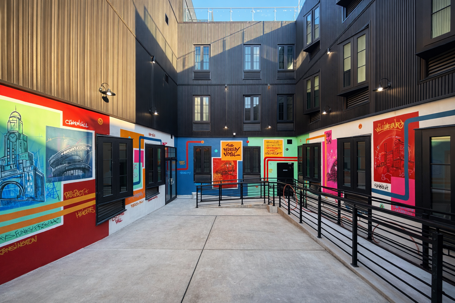 Outdoor courtyard with colorful murals on dark building walls, featuring windows, a metal railing, and paved ground.