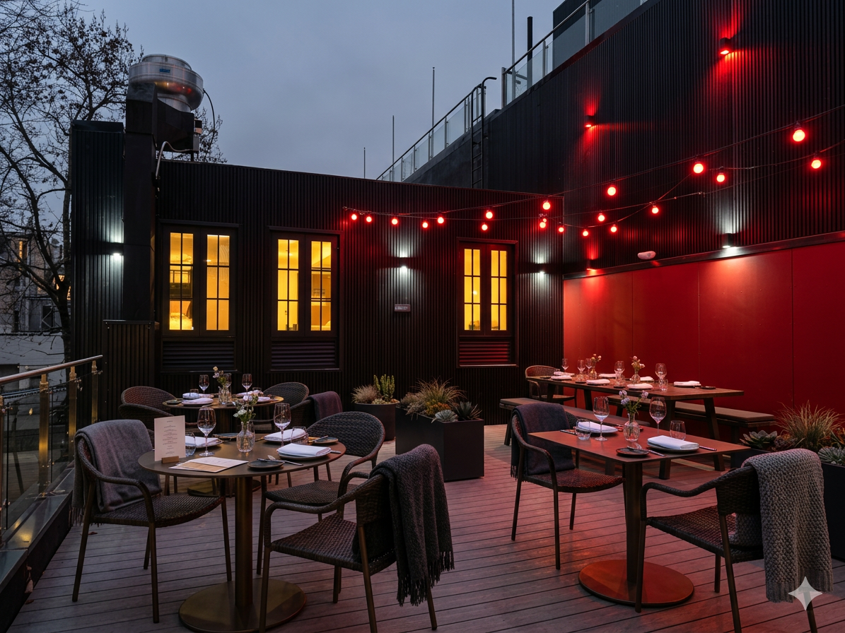 Rooftop restaurant scene with food on a plate in foreground and city skyline background at sunset. People seated at tables.