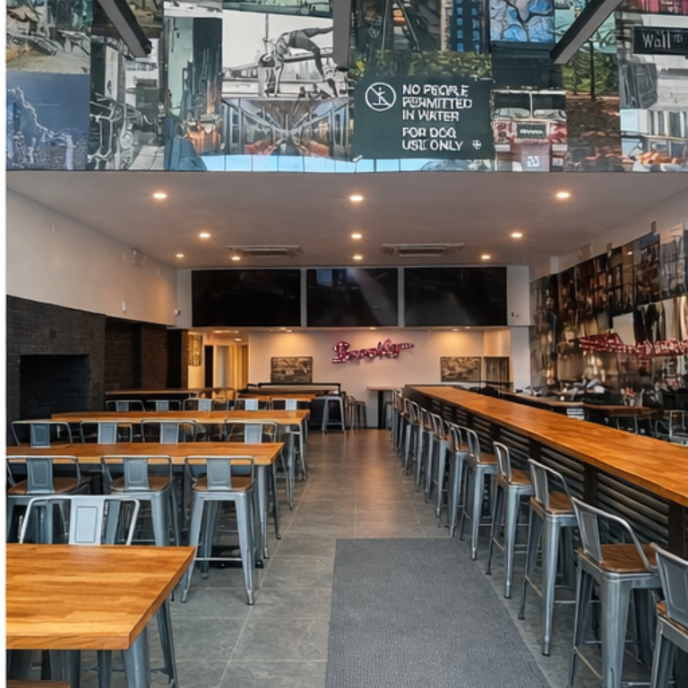 Interior of a bar with wooden tables, metal stools, and a long counter with more stools. Walls decorated with art.