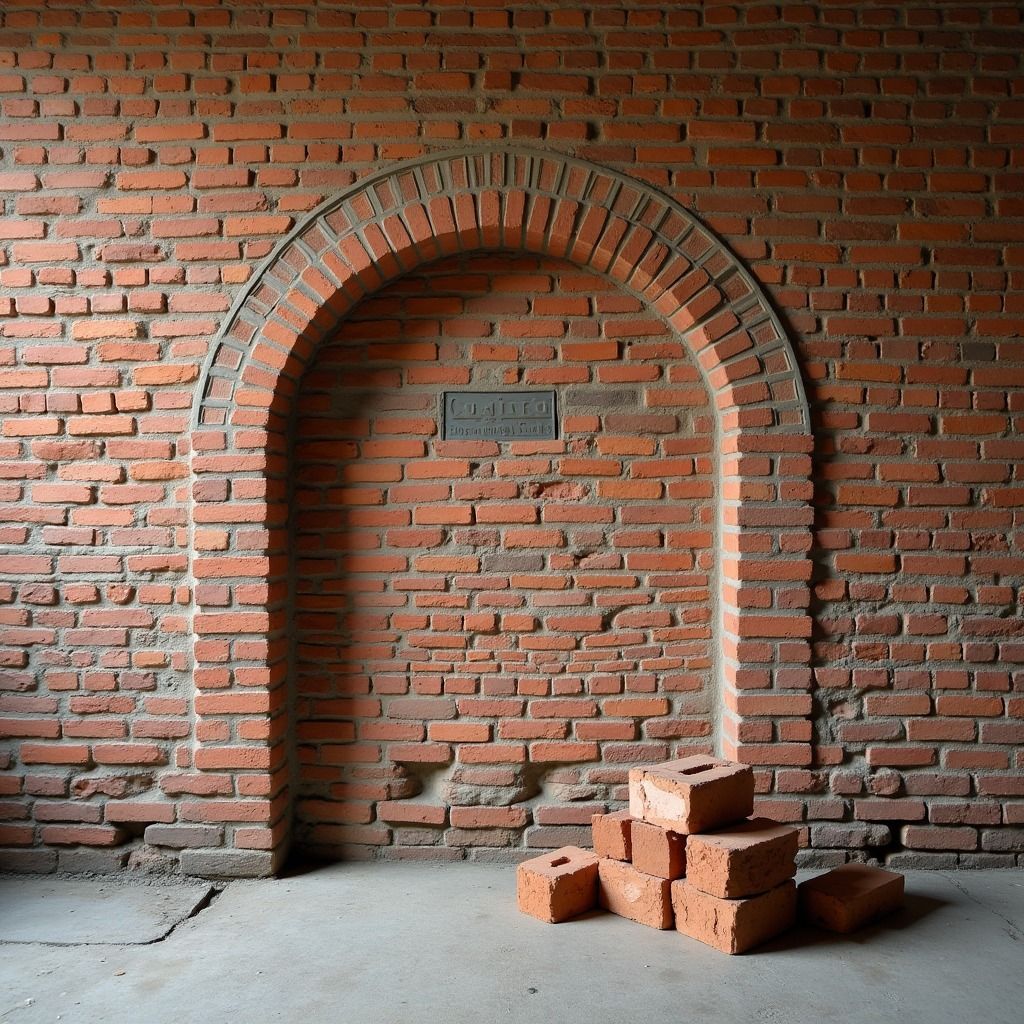 Brick archway in a red brick wall with a small pile of loose bricks on a concrete floor