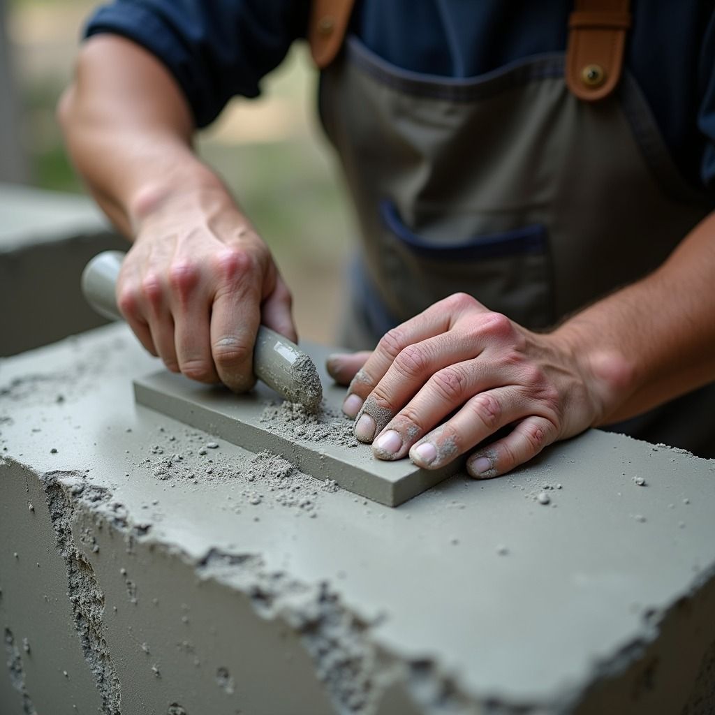 Hands smoothing wet concrete with a trowel on a construction surface