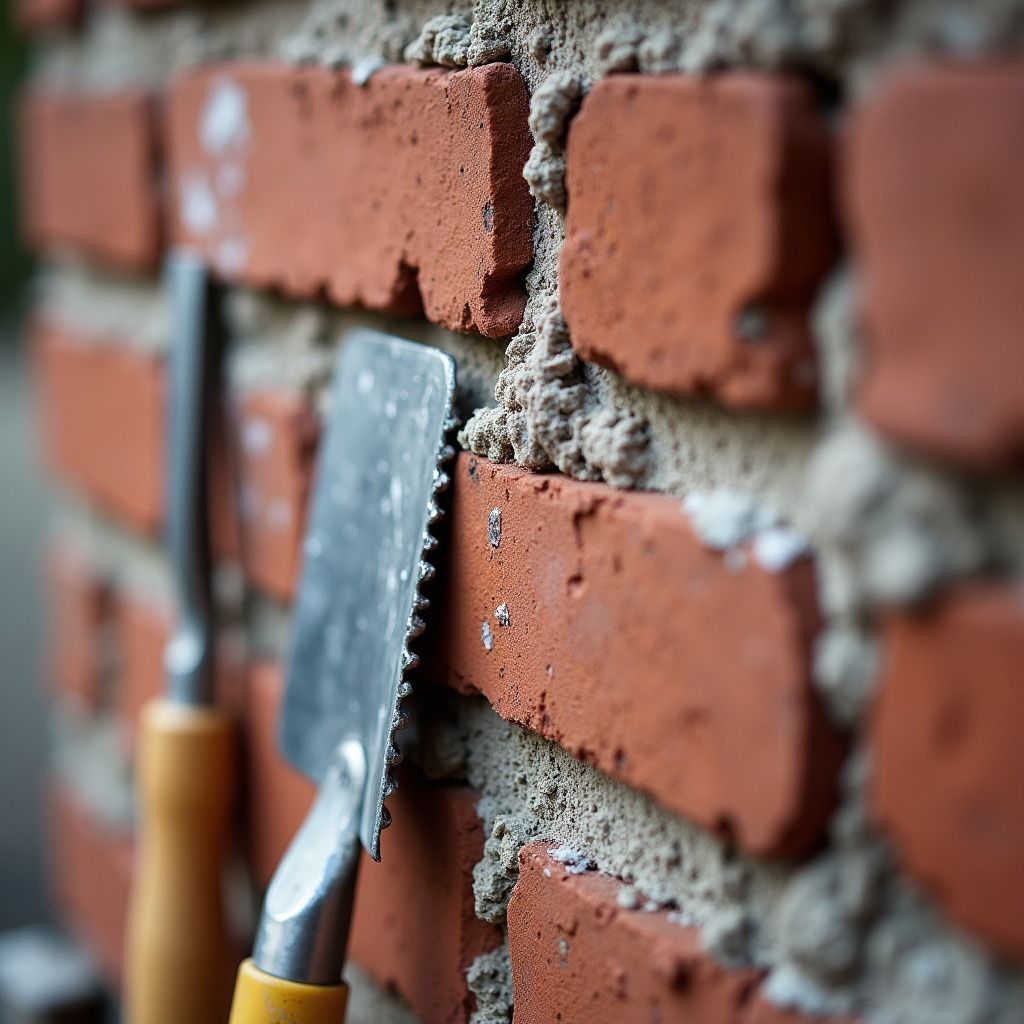 Trowel spreading mortar between red bricks on a brick wall under construction