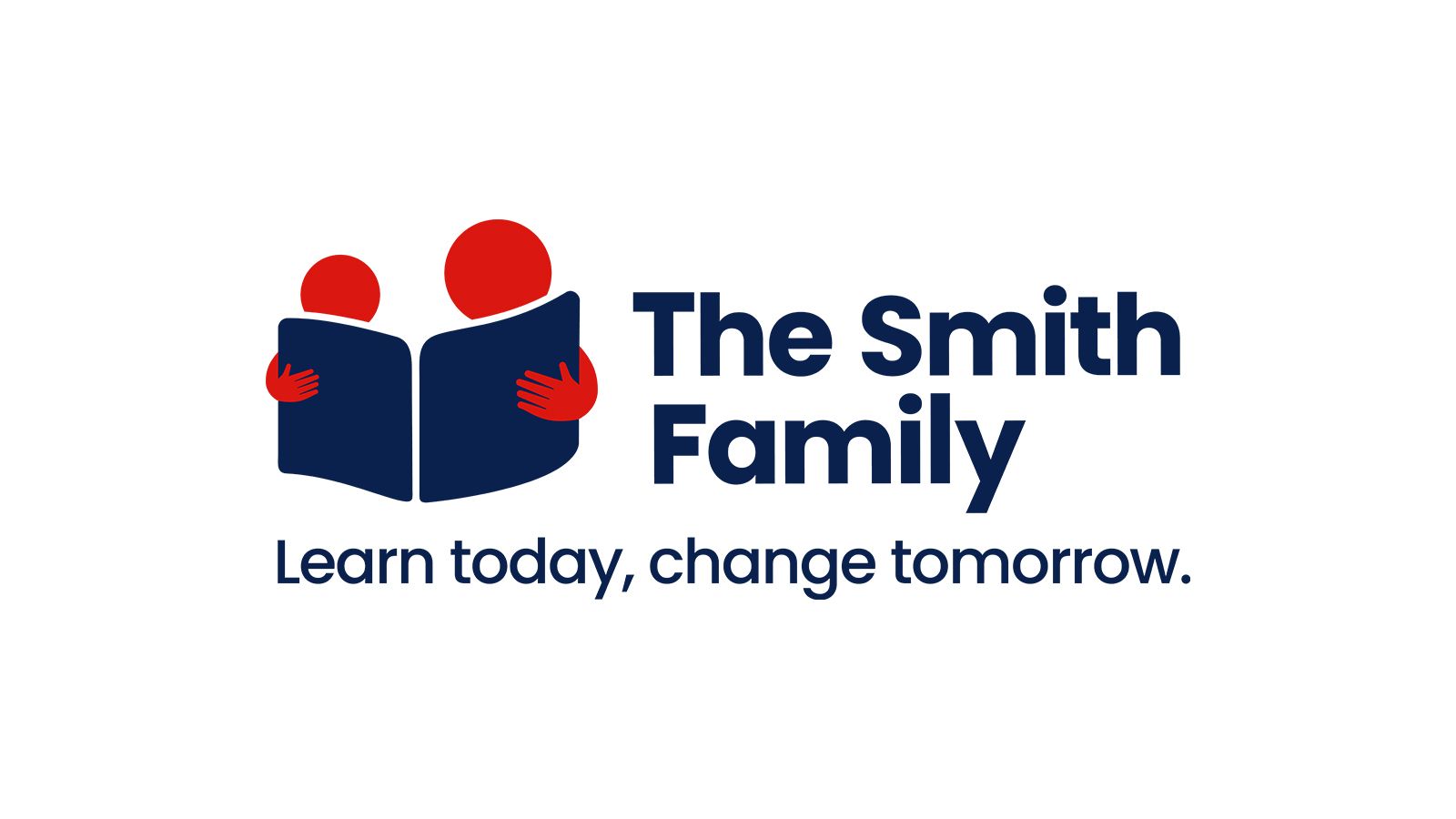 Logo: Two figures reading a book, text 