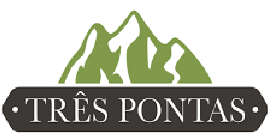 Logo with green mountain silhouettes above a black banner reading “TRÊS PONTAS” in white serif text