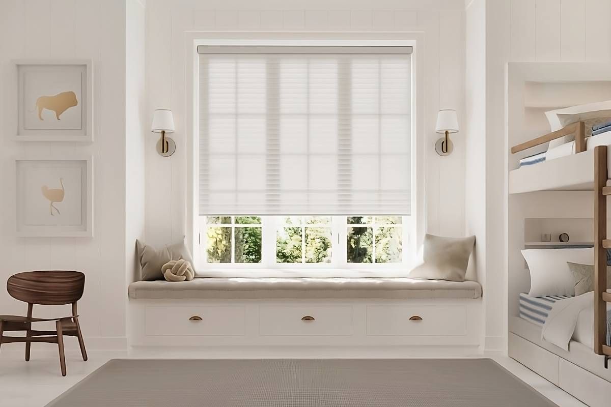Sonnette® Roller Shades on a large window in a bedroom with bunk beds and window seat at Advantage Blinds near Prosper, Texas (TX)