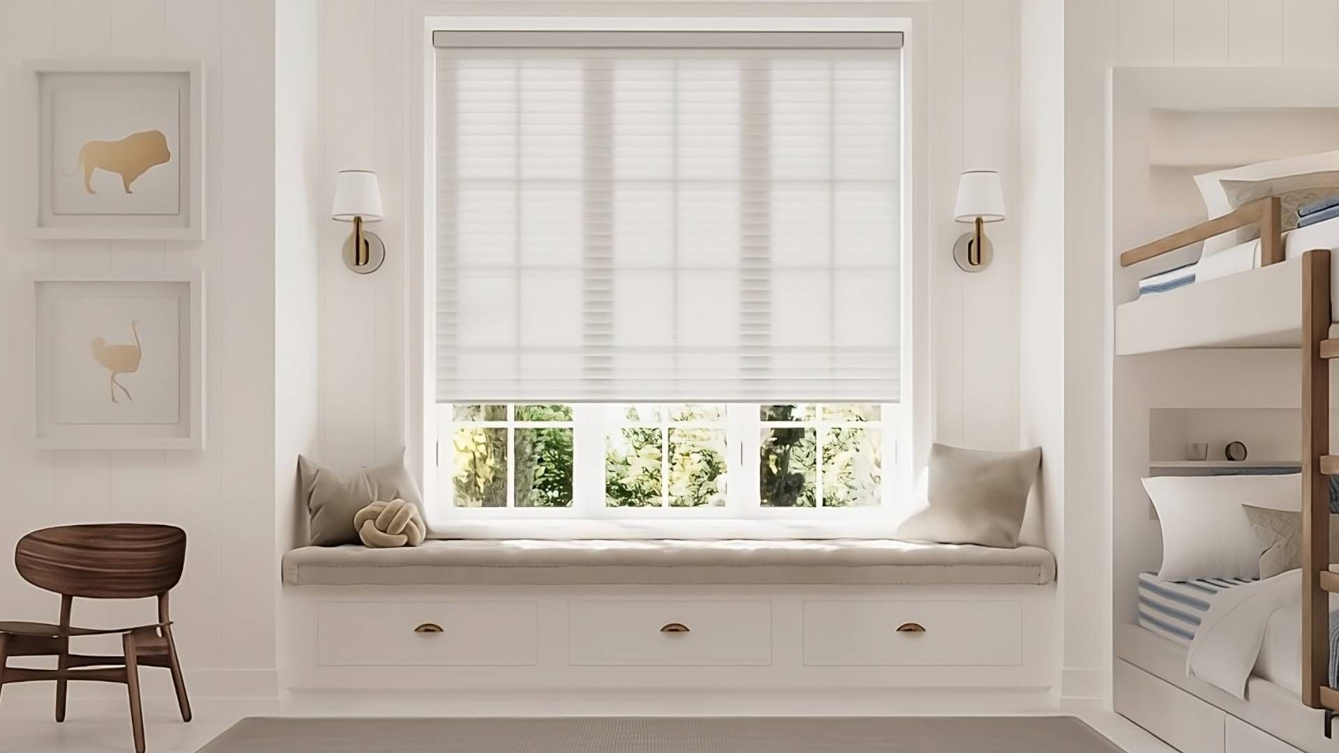 Sonnette® Roller Shades on a large window in a bedroom with bunk beds and window seat at Advantage B