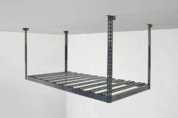 A 3x6 metal shelf is hanging from the ceiling of a garage.