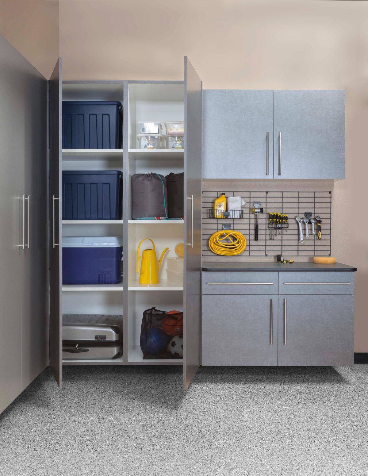 A garage filled with lots of shelves and cabinets