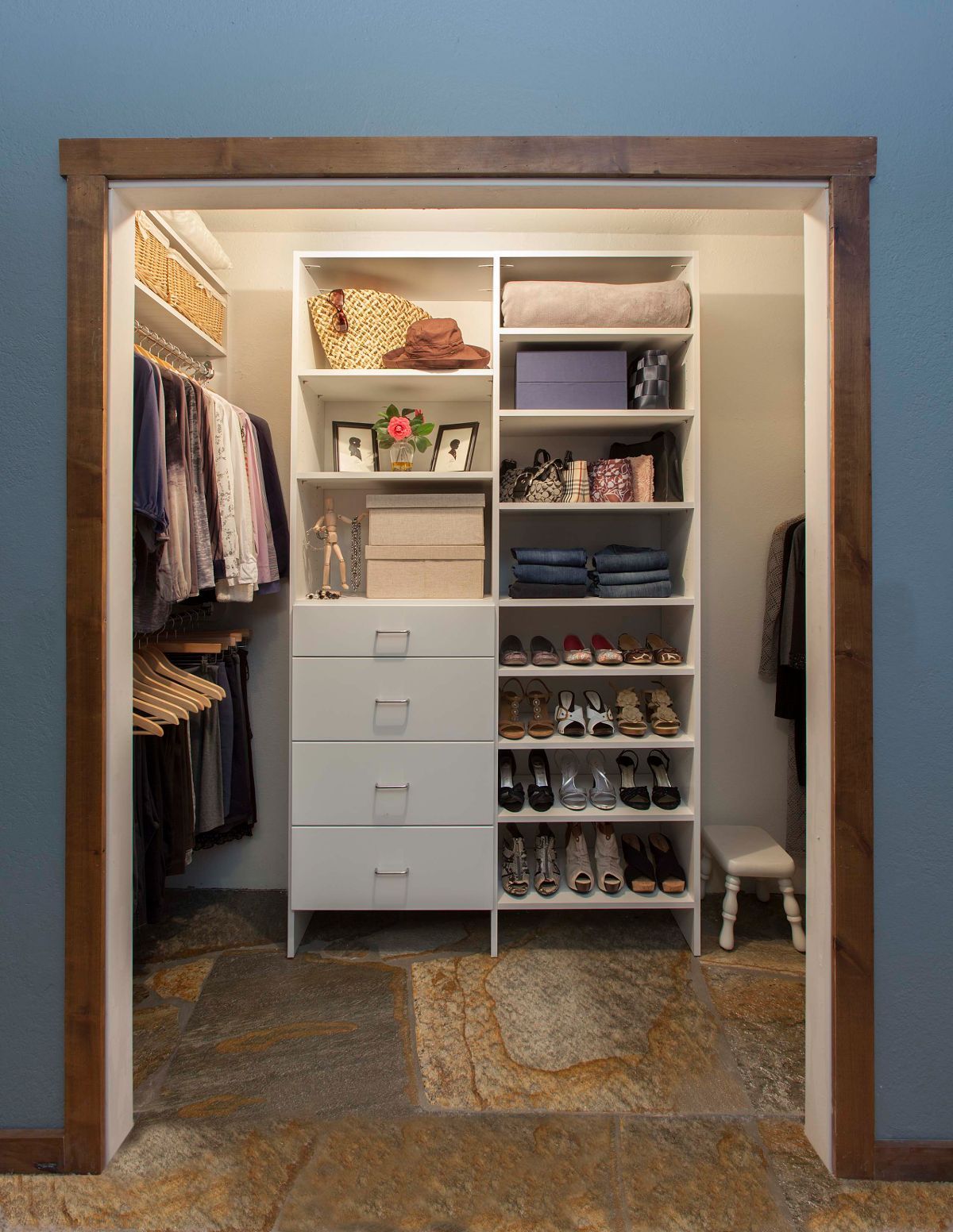 A walk in closet filled with clothes and shoes