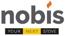 Logo: "nobis" in grigio, icona della fiamma, slogan "La tua prossima stufa" con una striscia gialla.