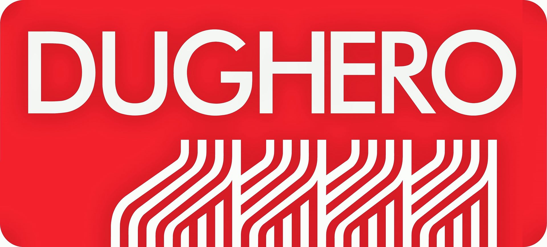 Logo rettangolare rosso con la scritta "DUGHERO" in testo bianco sopra linee bianche stilizzate.