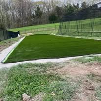 Green turf field with black netting in a grassy outdoor area.