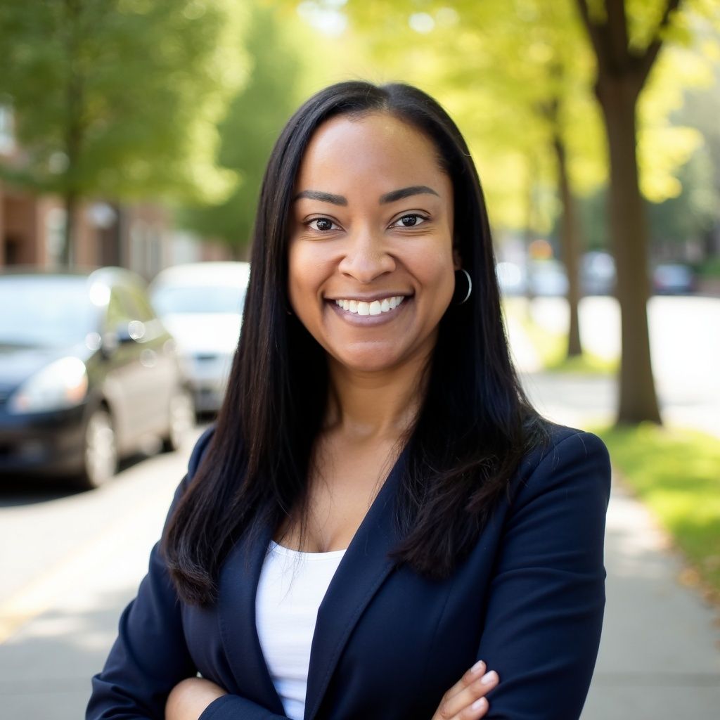 Blonde woman in navy blazer and cream top smiles at the camera.