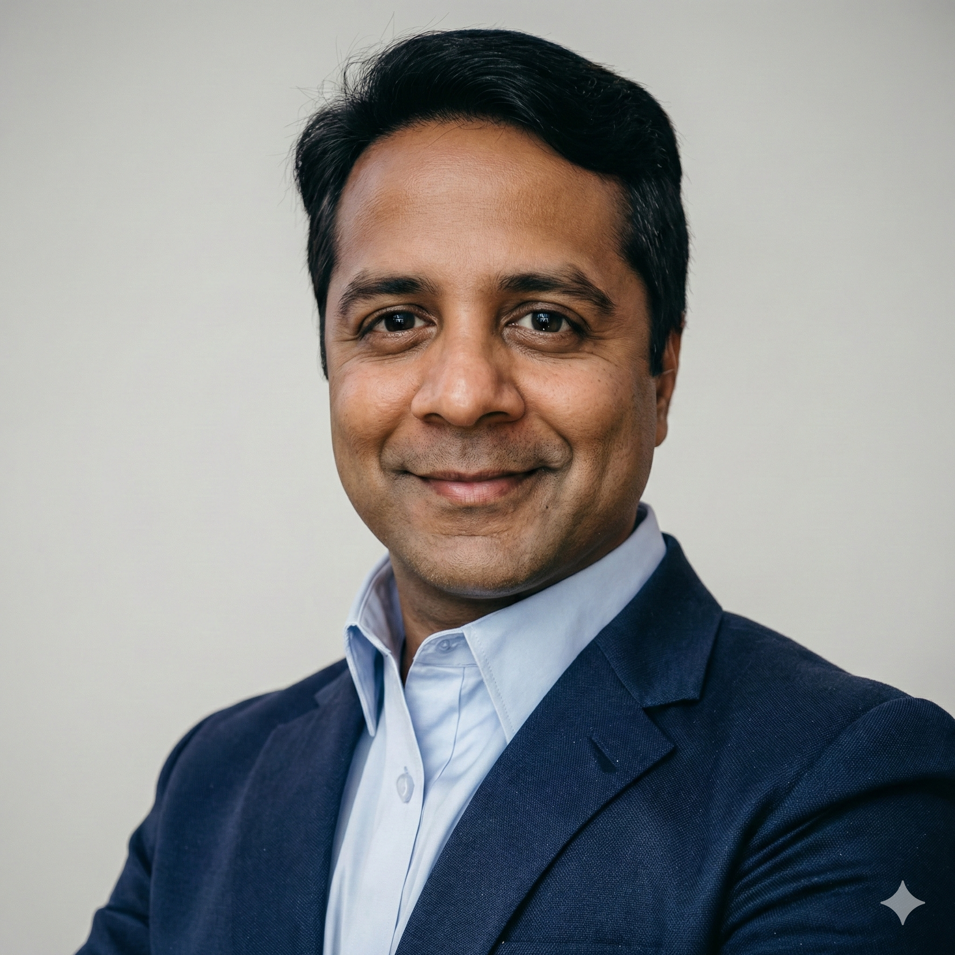 Man in navy blazer and light blue shirt smiles at the camera, neutral background.