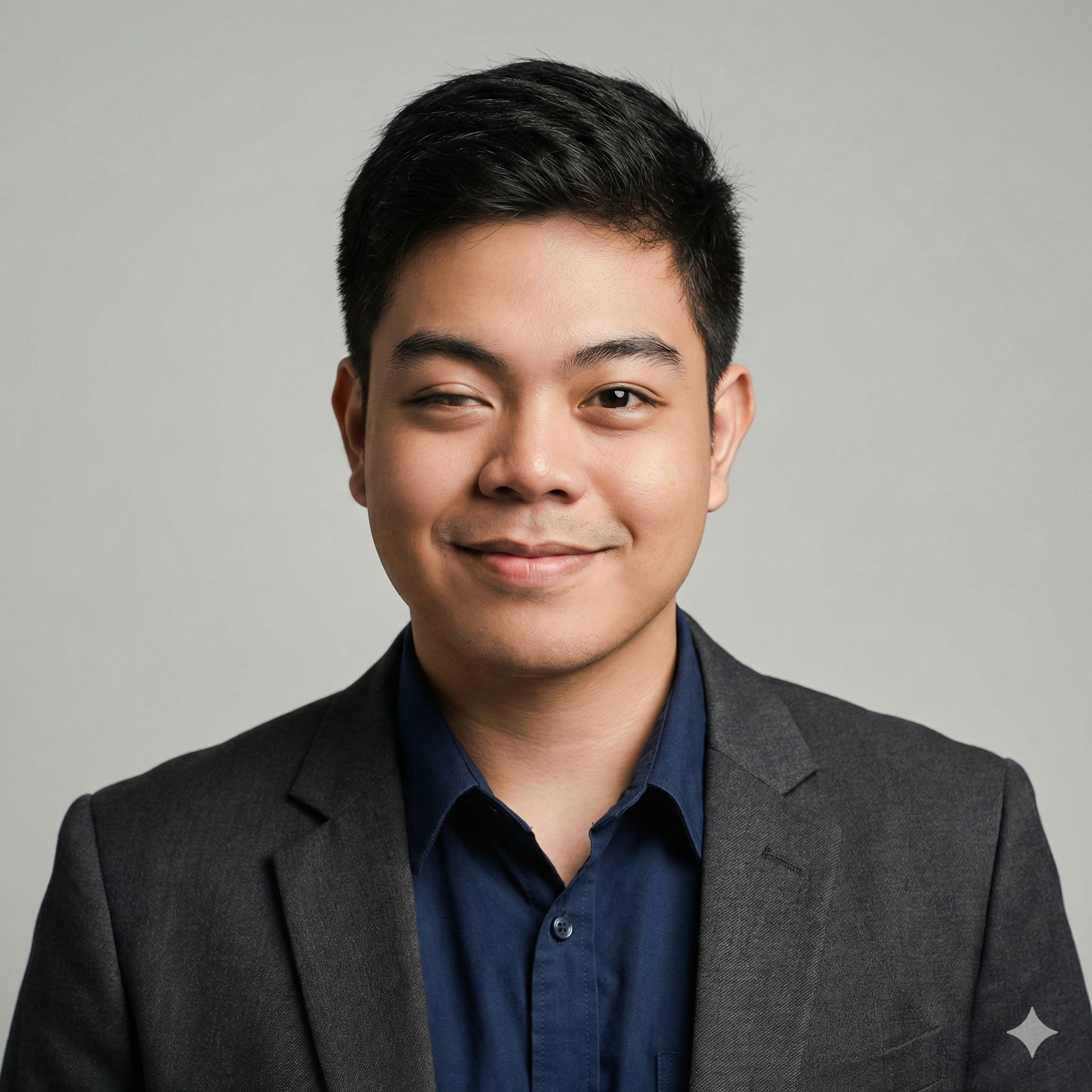 Man in dark suit jacket smiles at the camera, wearing a blue shirt.
