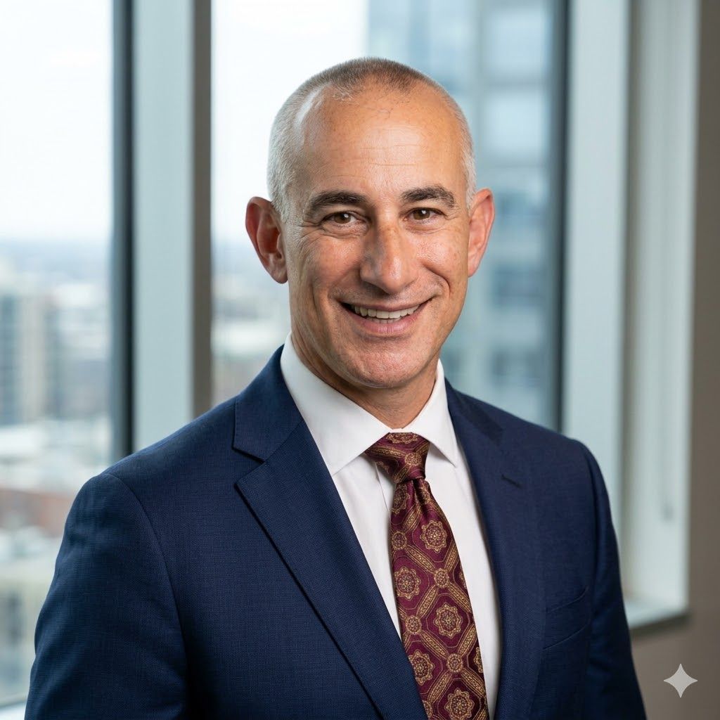 Man in blue suit smiling, light blue shirt, gray background.