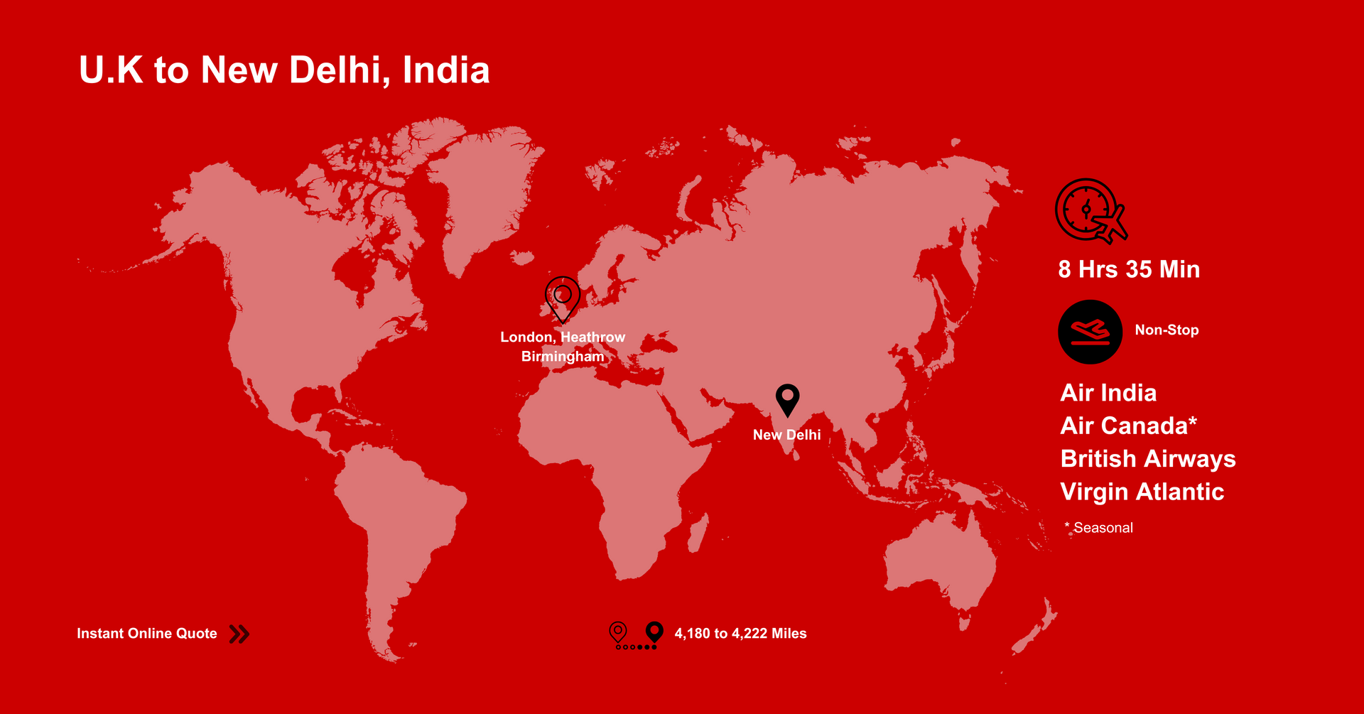 A world map showing flights from U.K to Delhi. Get a Quote Online.