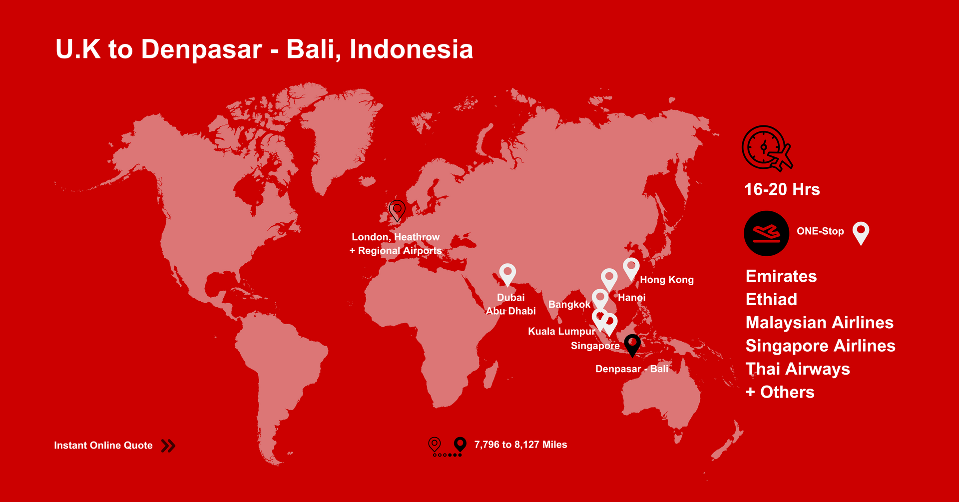 A world map showing flights from U.K to Denpasar - Bali, Indonesia. Get a Quote Online.