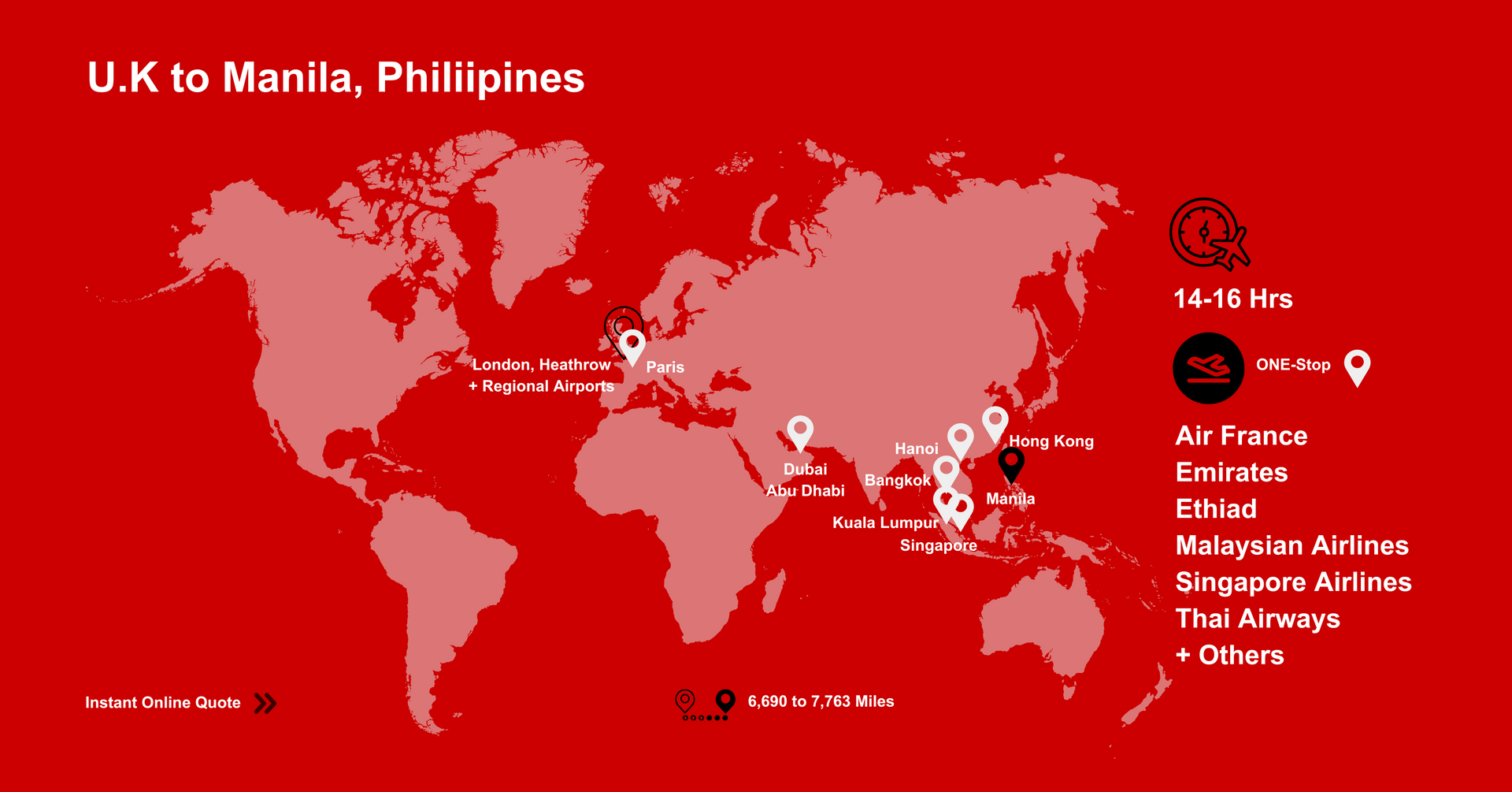A world map showing flights from U.K to Manila. Get a Quote Online.