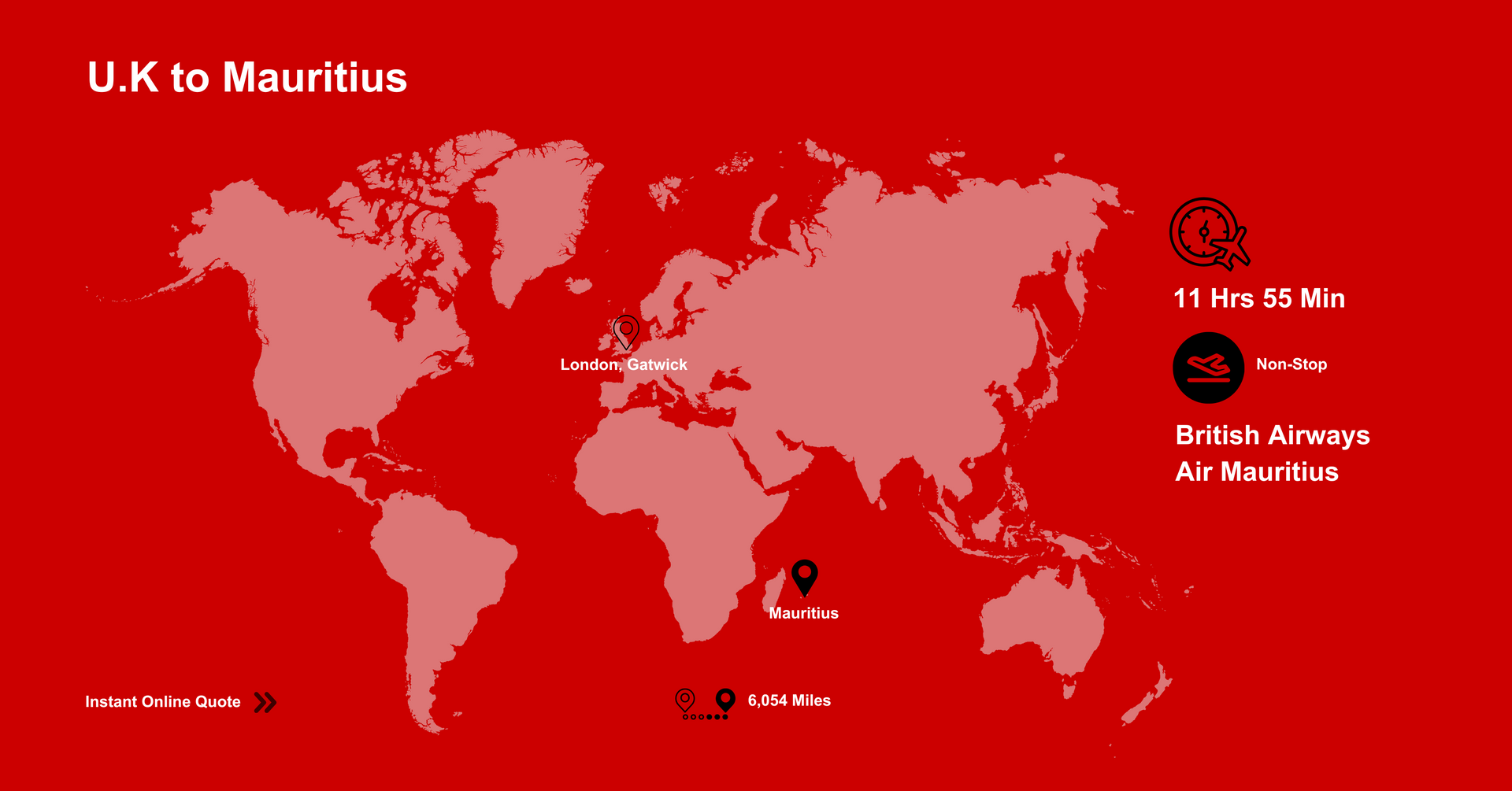 A world map showing flights from U.K to Mauritius. Get a Quote Online.