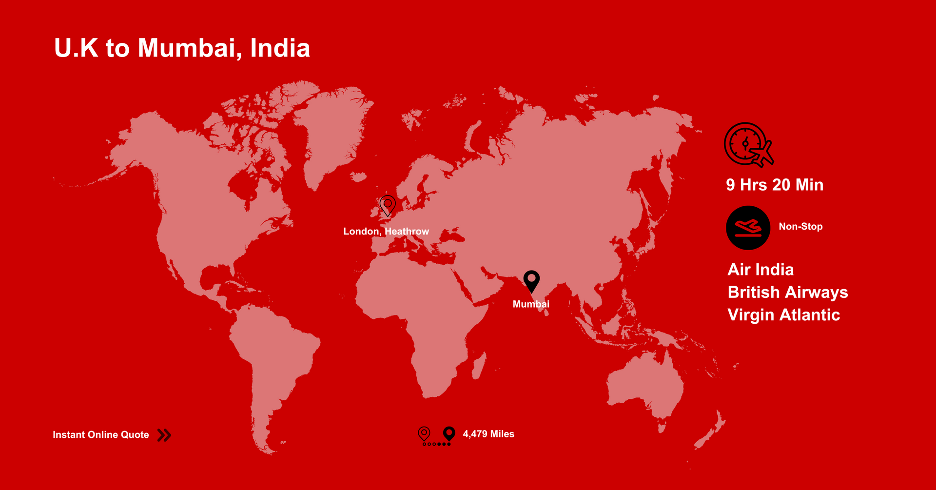 A world map showing flights from U.K to Mumbai. Get a Quote Online.