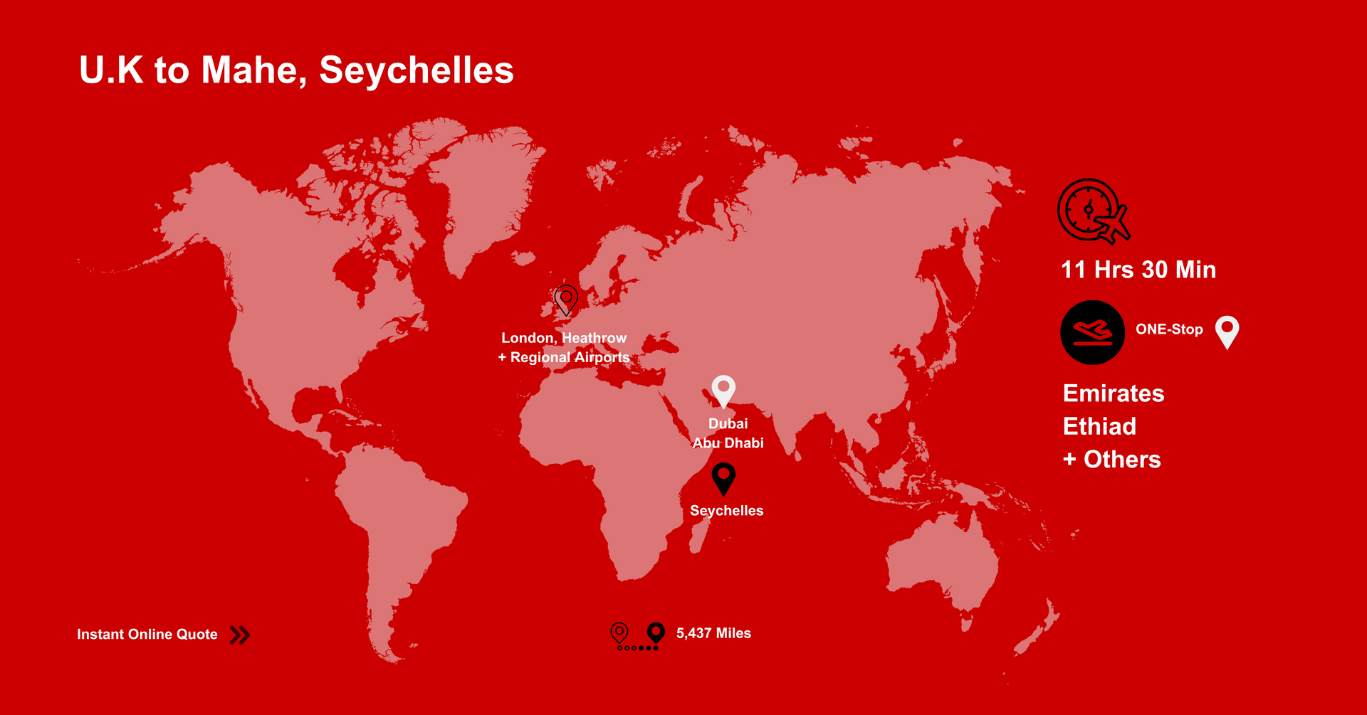 A world map showing flights from U.K to Seychelles. Get a Quote Online.