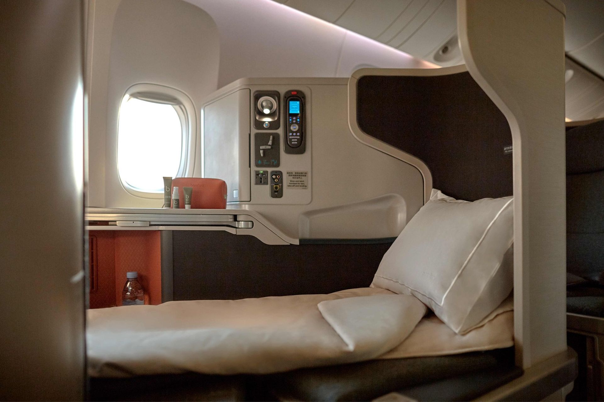 Cathay Pacific Business Class Seat showing laydown bed