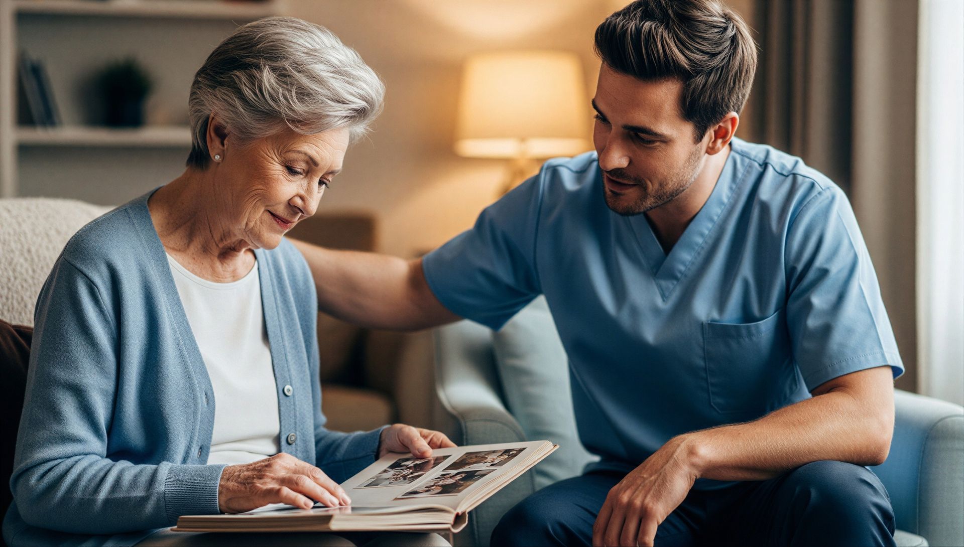 Older adult looking through a photo album with a healthcare worker at home