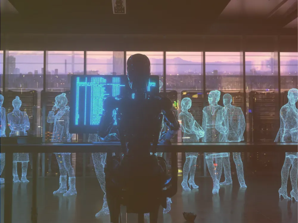 Futuristic office with glowing holographic people around a central seated figure by large windows