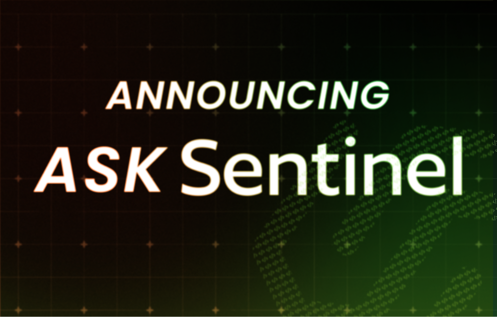 Announcing ASK Sentinel on a dark green digital background with glowing grid accents