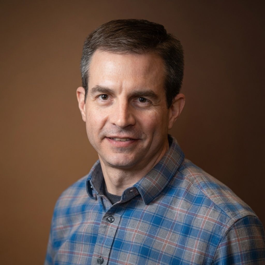 Studio portrait of a man in a blue plaid shirt against a brown background