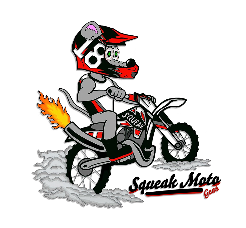A cartoon mouse is riding a dirt bike with a flaming tail.