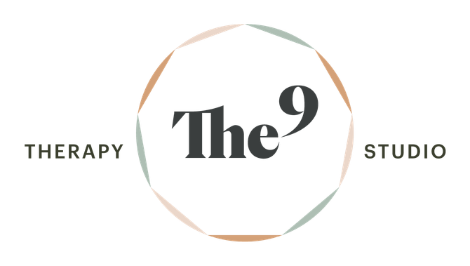 Logo for “The 9 Therapy Studio” with black text inside a beige circular emblem on a white background