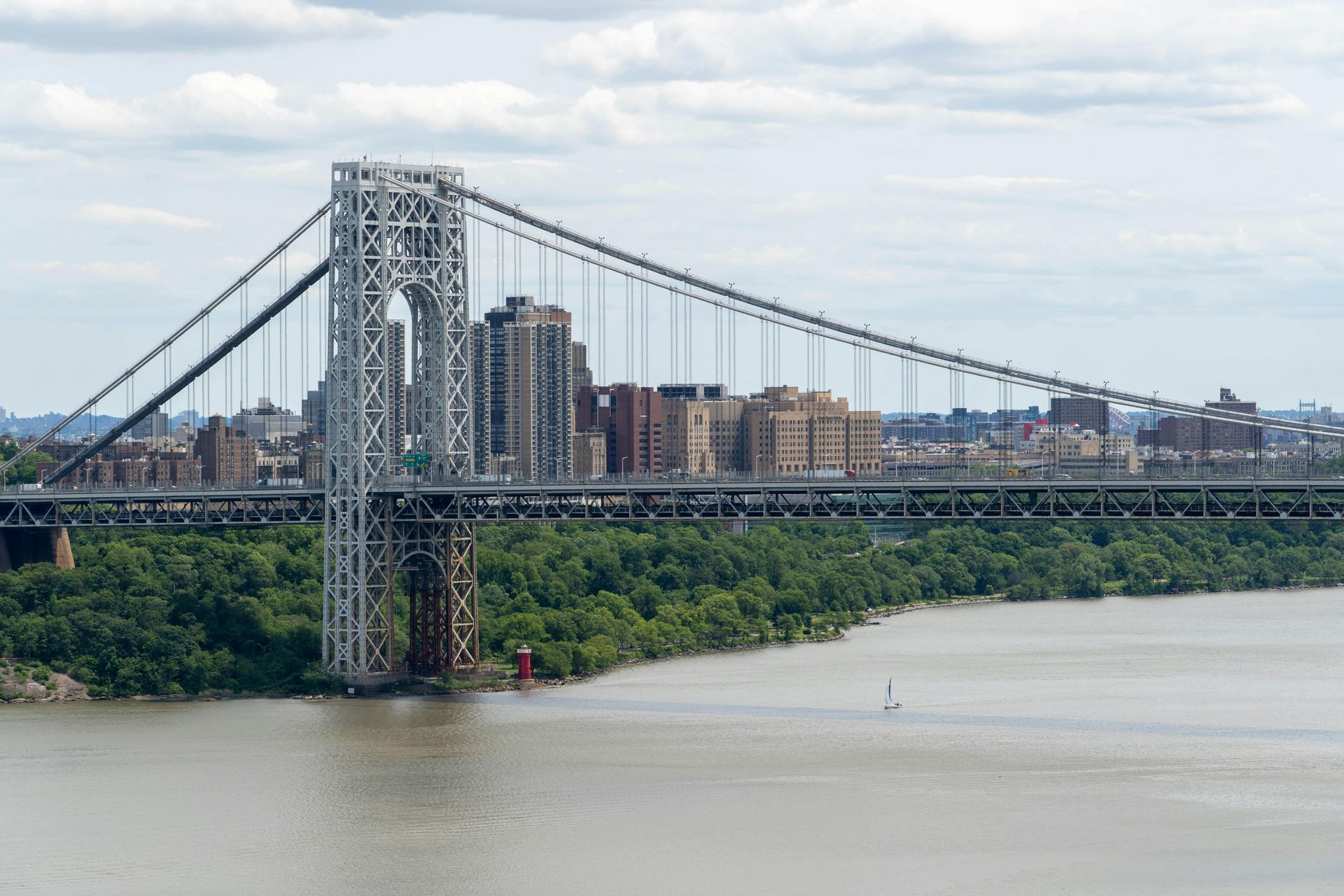 Steel suspension bridge over a wide river with a city skyline in the background