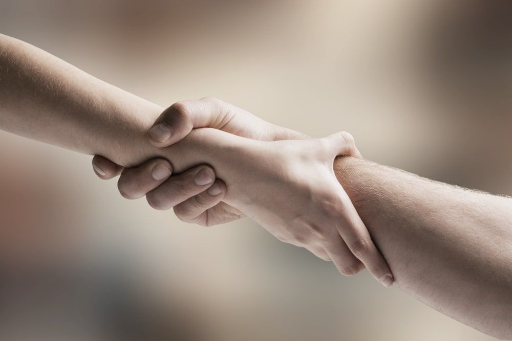 Two hands clasped in a handshake against a blurred background