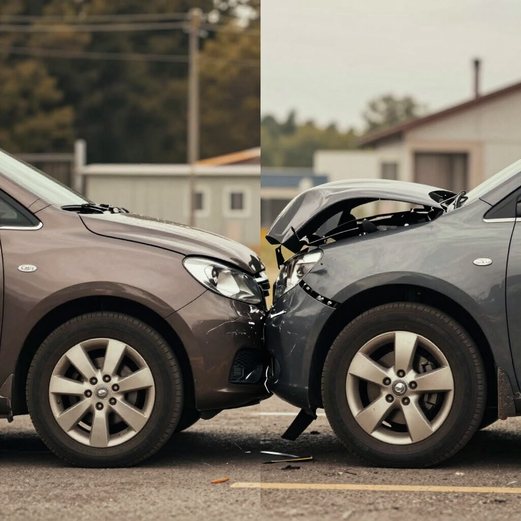 Two cars in a front-end collision on a road, with crumpled hoods and bumpers.