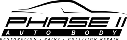 Logo for Phase II Auto Body featuring a stylized car outline above text: Restoration, Paint, Collision Repair.