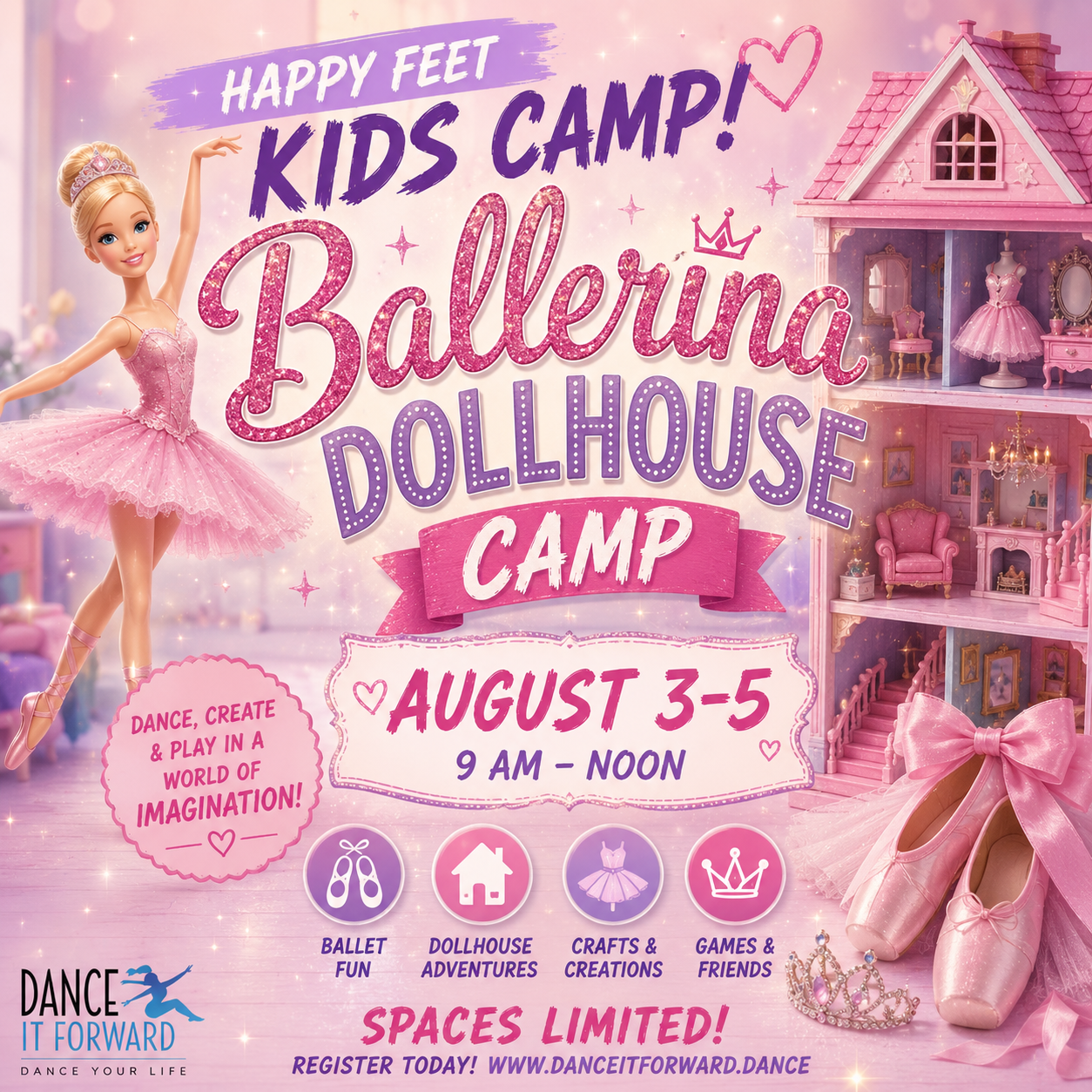 Ballerina dollhouse camp flyer with pink and blue border, cartoon dancers, and “Happy Feet Kids Camp” text