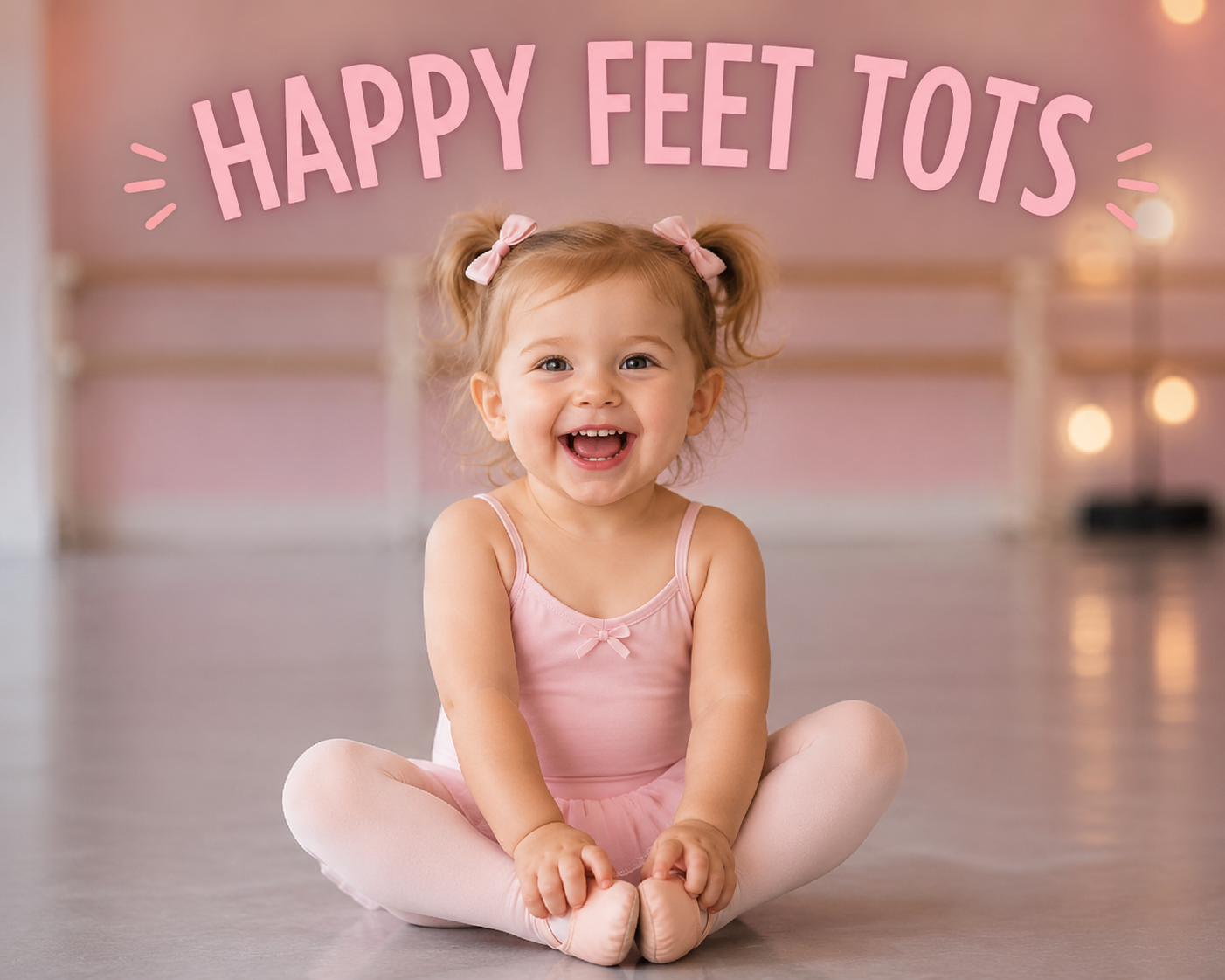 Smiling toddler in pink leotard sitting on studio floor under “HAPPY FEET TOTS” banner