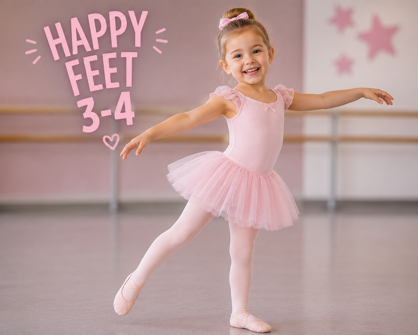 Young ballet dancer in a pink tutu posing in a studio with “HAPPY FEET 3-4” text.