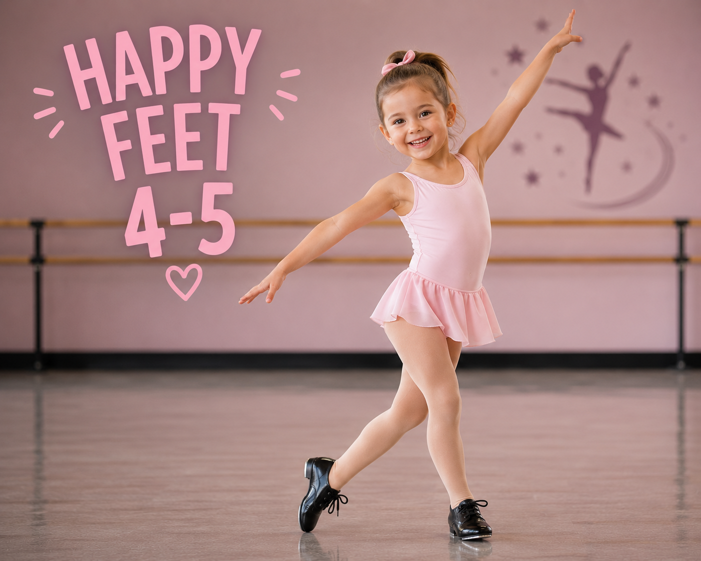 Young ballerina in pink dress posing in a dance studio beside “Happy Feet 4-5” text.