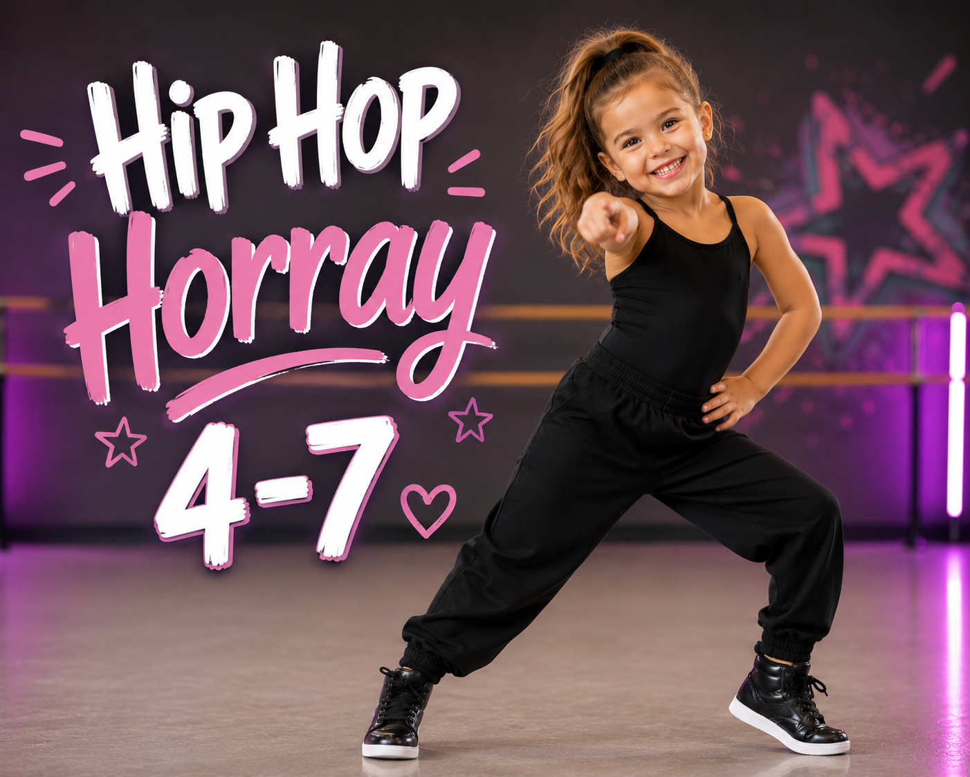 Hip hop dance class promo with a smiling dancer on a studio floor, titled “Hip Hop Hurray 4-7”